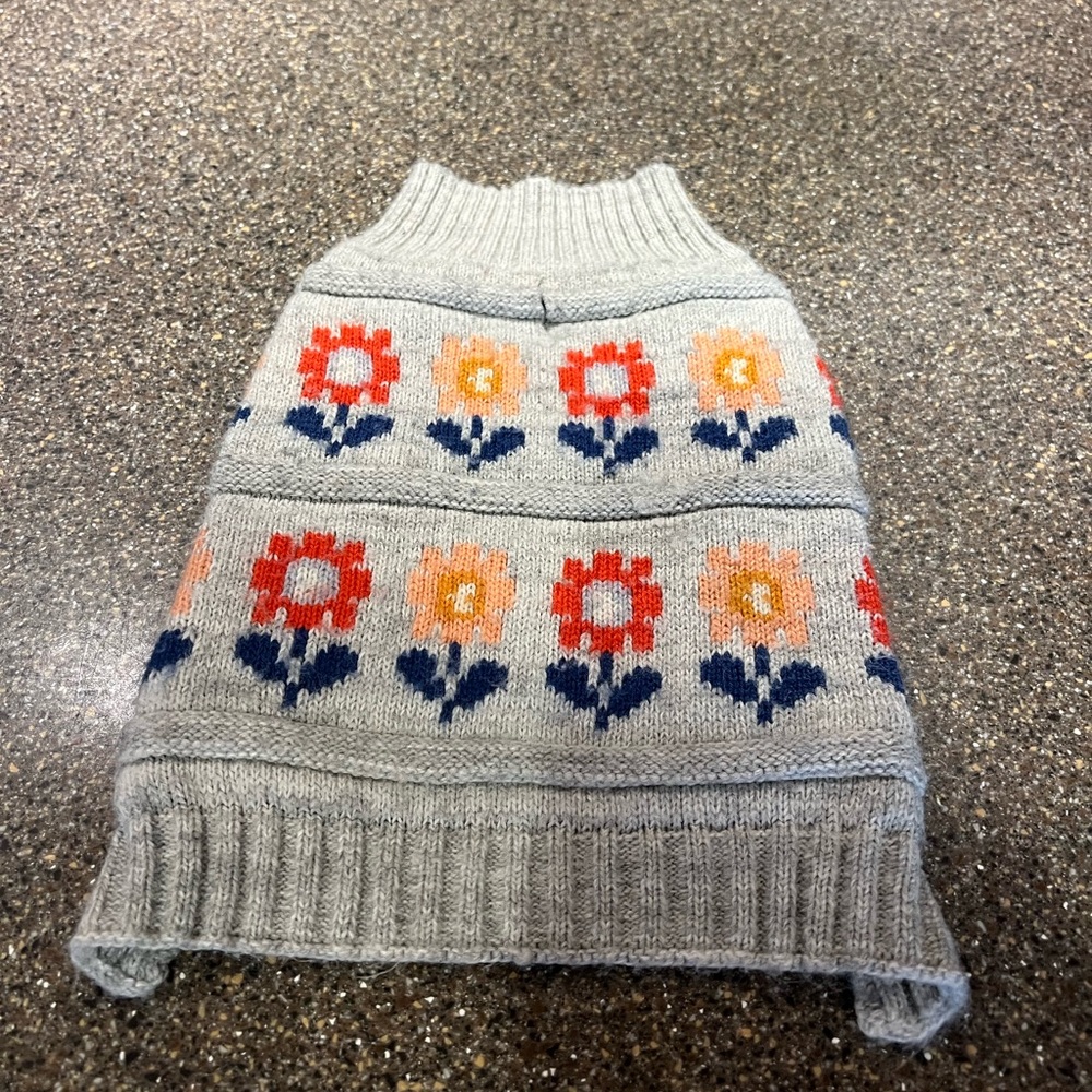 Gray and Red Dog Sweater with Floral Pattern